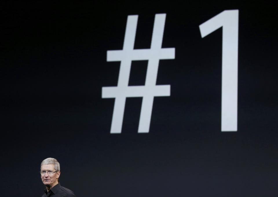 Apple Inc CEO Tim Cook speaks on stage during an Apple event in San Francisco