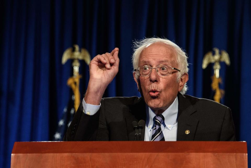 US Senator Bernie Sanders, Independent of Vermont, speaks at George Washington University in Washington, DC, on September 24, 2020. - Sanders warned that the US faces an "unprecedented and dangerous moment," as US President Donald Trump questions the legitimacy of mail-in ballots and suggests he might not accepts the election results.