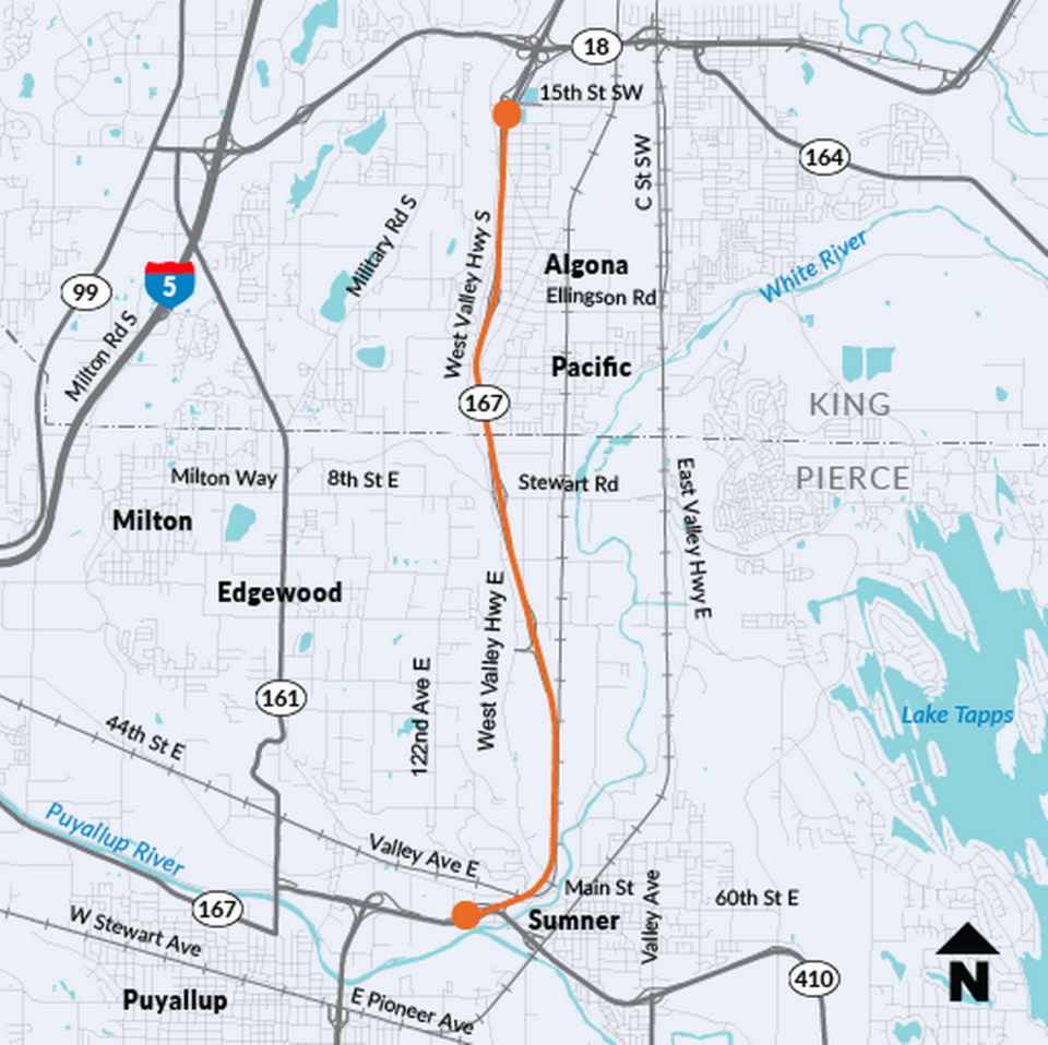 A WSDOT project map shows where completed HOV lanes will be available to drivers on northbound state Route 167 between Sumner and Auburn