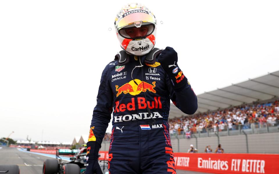  Pole position qualifier Max Verstappen of Netherlands and Red Bull Racing celebrates in parc ferme during qualifying ahead of the F1 Grand Prix of France at Circuit Paul Ricard on June 19, 2021 in Le Castellet, France - Getty Images/Dan Istitene - Formula 1 