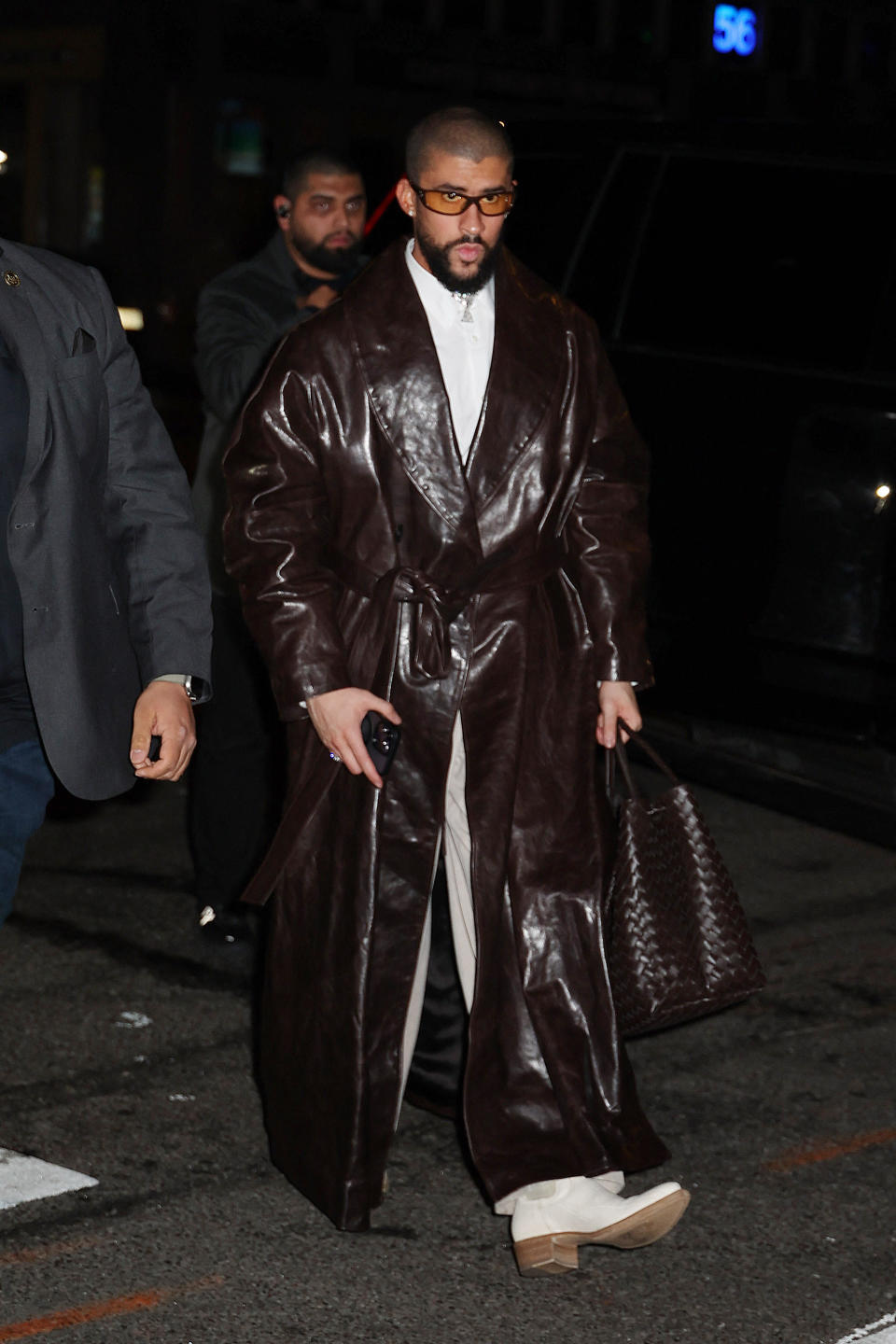 Bad Bunny attends the Met Gala after party wearing white pointed toe boots