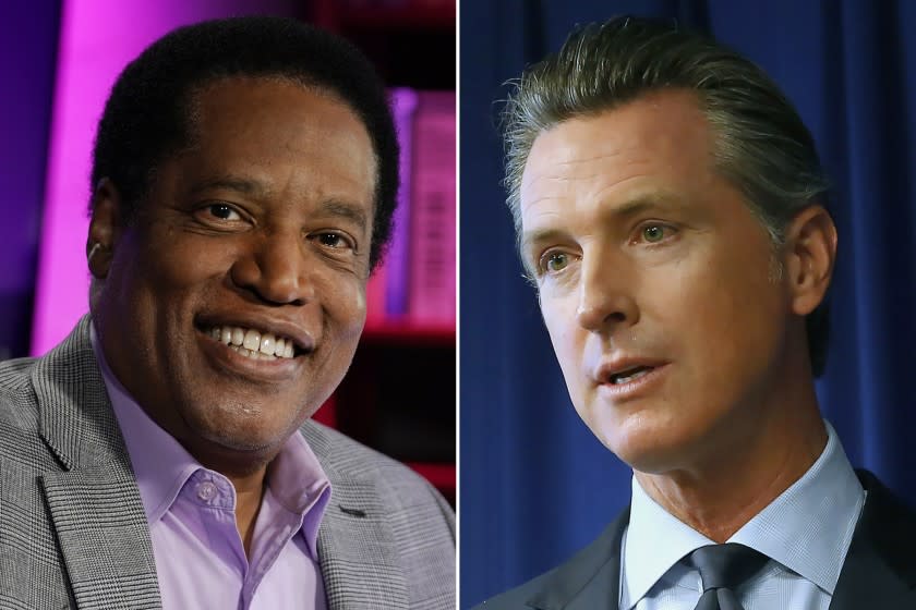 Composite photo of Radio talk show host and Republican candidate in the California recall election Larry Elder, left, and Democratic Gov. Gavin Newsom (AP Photo/Marcio Jose Sanchez, left, AP Photo/Rich Pedroncelli, right)