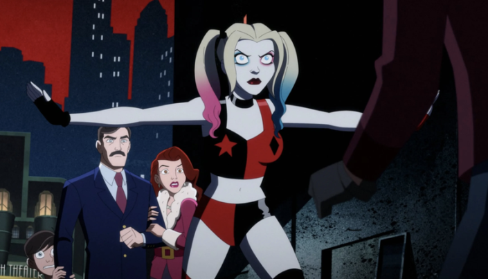 Harley Quinn is defending Bruce, Thomas and Martha Wayne from mugger