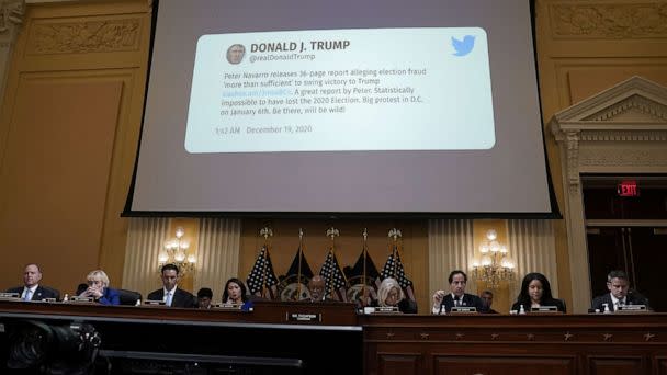 PHOTO: Former U.S President Donald Trump's tweet is shown on the screen during a public hearing of the U.S. House Select Committee to investigate the January 6 Attack on the U.S. Capitol, on Capitol Hill, July 12, 2022. (Elizabeth Frantz/Reuters)