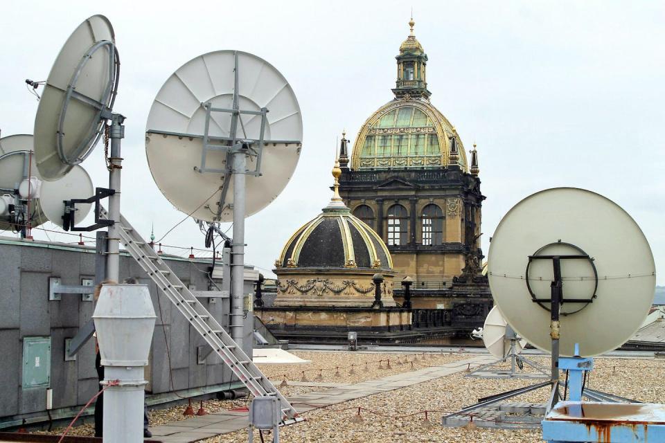 From this rooftop in Prague, RFE/RL broadcasts across Eastern Europe and into Russia. <a href="https://www.gettyimages.com/detail/news-photo/prague-czech-republic-satellite-dishes-are-pictured-13-news-photo/55393416" rel="nofollow noopener" target="_blank" data-ylk="slk:Michal Cizek/AFP via Getty Images;elm:context_link;itc:0;sec:content-canvas" class="link ">Michal Cizek/AFP via Getty Images</a>