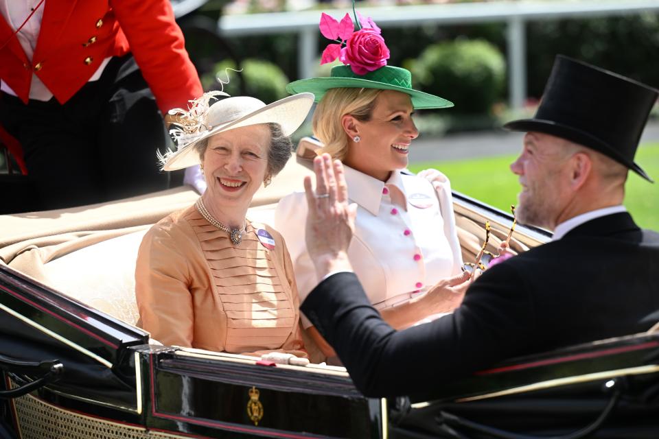 ASCOT, ENGLAND - JUNE 16: Princess Anne, Princess Royal, Zara Phillips and Mike Tindall attend Royal Ascot 2022 at Ascot Racecourse on June 16, 2022 in Ascot, England. (Photo by Samir Hussein/WireImage)