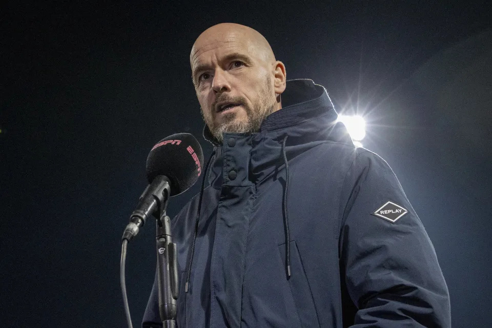 LEEUWARDEN, NETHERLANDS - MARCH 11: Erik Ten Hag of AFC Ajax looks on during the Dutch Eredivisie match between SC Cambuur and Ajax at Cambuur Stadion on March 11, 2022 in Leeuwarden, Netherlands. (Photo by NESImages/DeFodi Images via Getty Images)