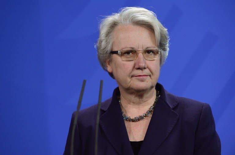 German minister for Education and Research Annette Schavan addresses a press conference in Berlin on February 9, 2013. Schavan resigned after she had come under pressure after being stripped of her doctorate when her former university concluded parts of it had been plagiarised