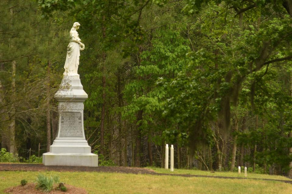 The Women of the American Revolution monument and the graves of Ezekiel and Mary Slocumb at Moores Creek National Battlefield in Currie.