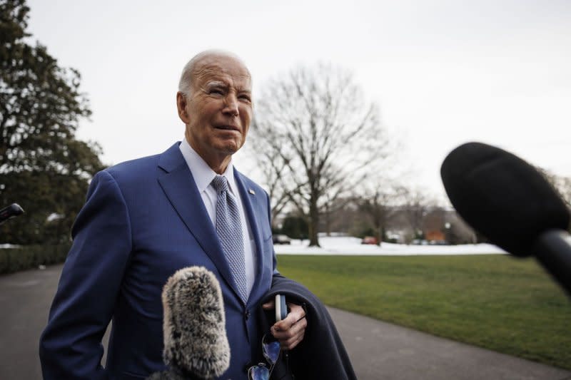 Before boarding Marine One in Washington, D,C., on Thursday, President Joe Biden speaks to members of the media on the South Lawn of the White House concerning the U.S. response to Houthi rebels attacking commercial vessels in the Red Sea. Photo by Ting Shen/UPI