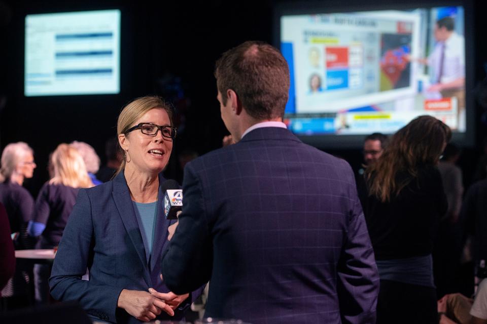 Asheville Mayor Esther Manheimer is interviewed by media after winning her third term November 8, 2022.