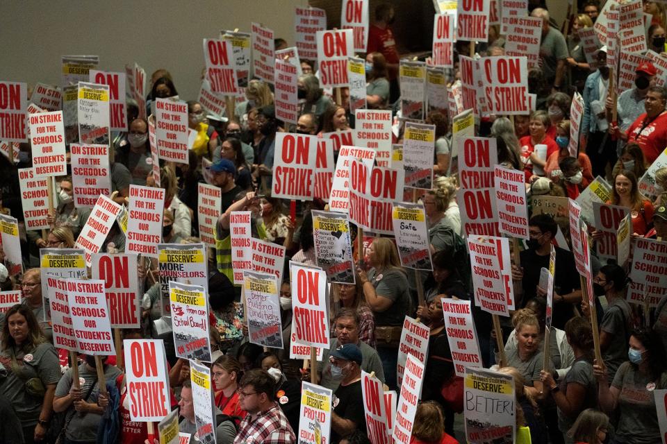 Members of the Columbus Education Association stream out of the Greater Columbus Convention Center last Sunday, Aug. 21, after voting to strike. Picket lines began Monday outside 19 Columbus City Schools and the district's Southland Center and lasted three days before a tentative agreement was announced early Thursday morning.