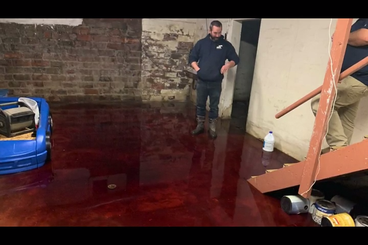 Nick Lestina of Bagley, Iowa, stands in his basement after it was flooded by blood and animal fat.