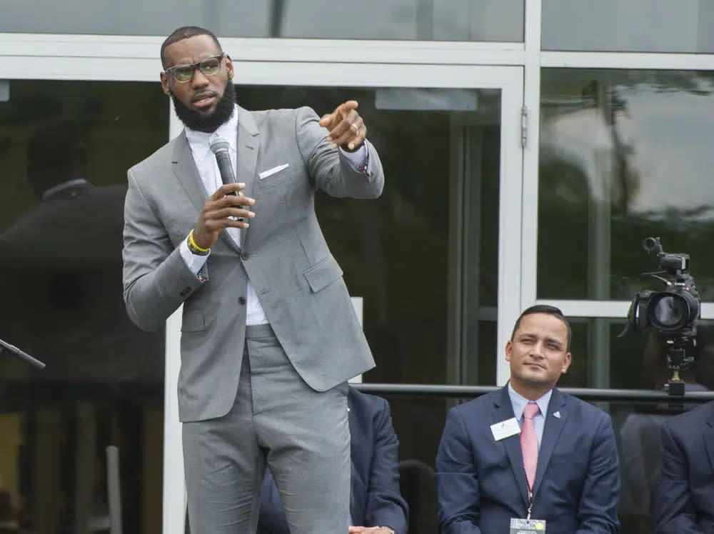 LeBron James speaks at the opening ceremony for the I Promise School in Akron, Ohio, Monday, July 30, 2018. (AP Photo/Phil Long, File)
