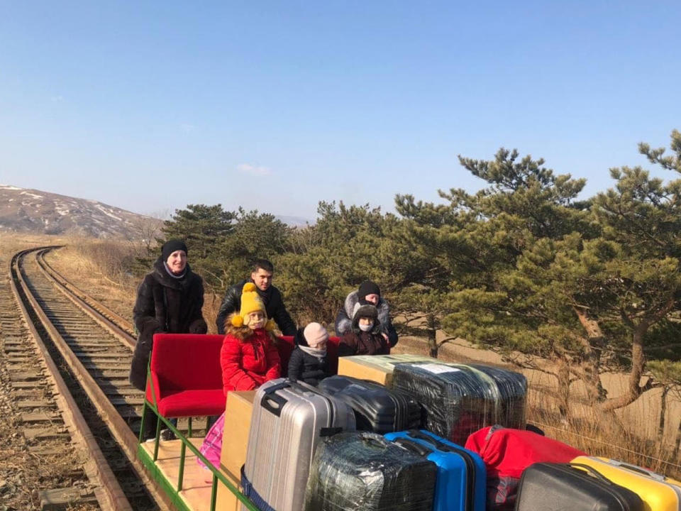 A group of Russian citizens, including a diplomat and his family, used a hand-pushed rail trolley to cross North Korea's border back into Russia. / Credit: Russian Foreign Ministry