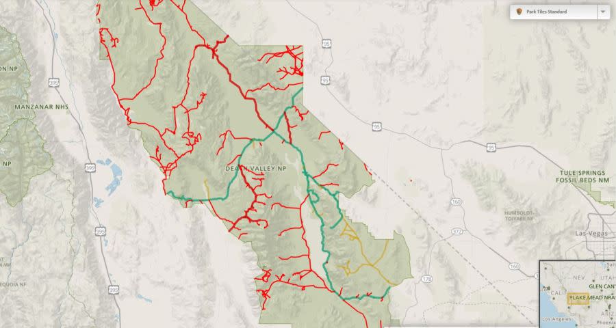 A map on Death Valley National Park’s website shows the paved roads (green) that are open in the park, along with the unpaved roads that are open (yellow).