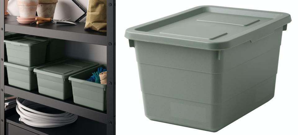 IKEA 年度最熱銷TOP8：灰綠色 SOCKERBIT附蓋收納盒 NT.99 SOCKERBIT附蓋收納盒擁有多款尺寸可選擇，附蓋設計讓物品不容易沾染灰塵，還能相互堆疊節省空間，無論是收納換季衣物、生活用品或器材零件等都相當合適。