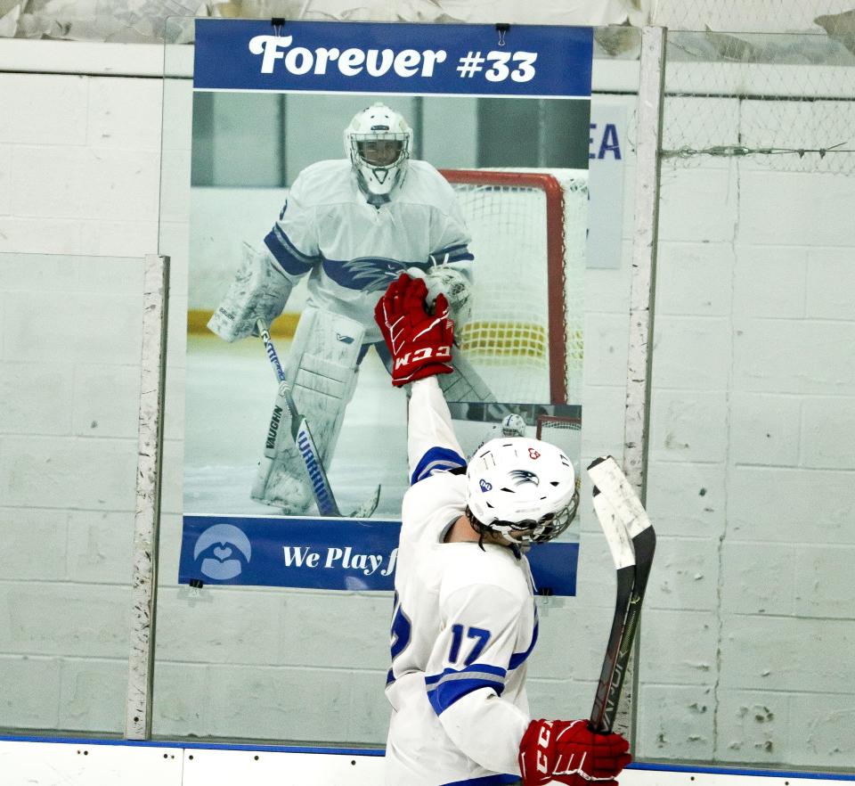 Dalton Ghelfi of the Southeastern/Bristol-Plymouth hockey team honored Dylan Quinn during a game against South Shore Tech at Raynham IcePlex on Saturday, Jan. 21, 2023.