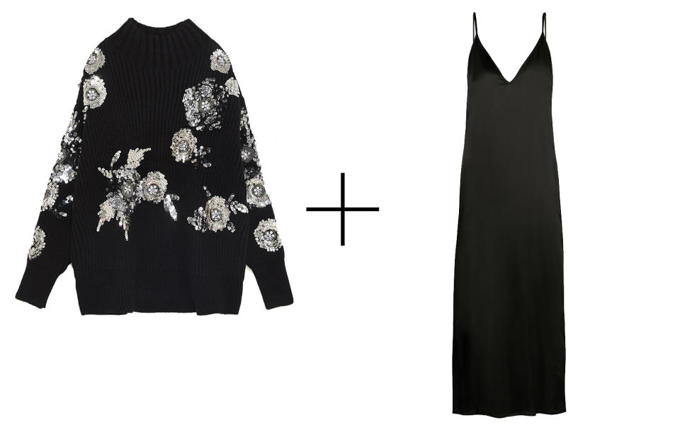 Zara Floral Sweater With Sequins + Raey V-neck Silk-satin Midi Slip Dress