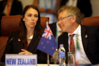 New Zealand's Prime Minister Jacinda Ardern (L) talks with Trade and Export Growth Minister David Parker at the Trans-Pacific Partnership (TPP) meeting held on the sidelines of the APEC summit in Danang, Vietnam November 10, 2017. REUTERS/Na-Son Nguyen/Pool