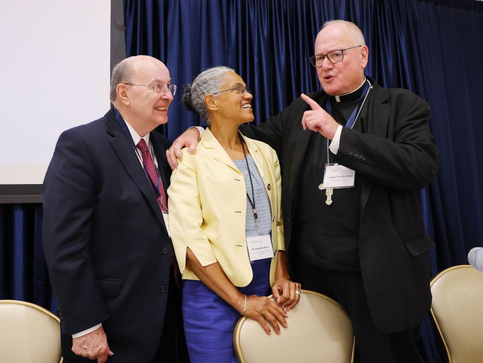 Elder Quentin L. Cook, a member of the Quorum of the Twelve Apostles of The Church of Jesus Christ of Latter-day Saints, Jacqueline Rivers, executive director of the Seymour Institute for Black Church and Policy Studies, and Cardinal Timothy Dolan, archbishop of New York, talk during the Notre Dame Religious Liberty Summit at the University of Notre Dame in Notre Dame, Ind., on Monday, June 28, 2021. | Jeffrey D. Allred, Deseret News