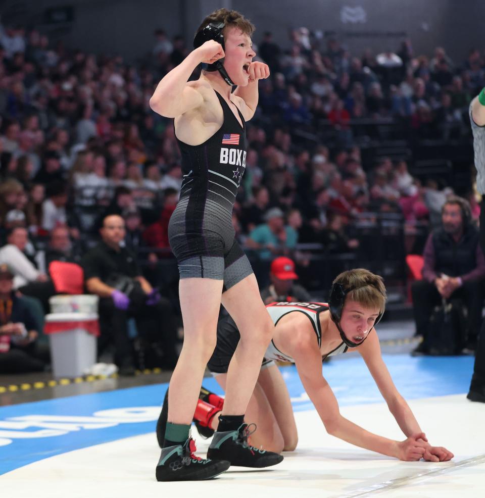 Conley Evans, Box Elder, celebrates his win over Taegan Leavitt, Spanish Fork, at 106 pounds in the 5A boys wrestling state championships at UVU in Orem on Saturday, Feb. 17, 2024. | Jeffrey D. Allred, Deseret News