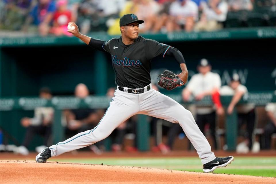 Aug 5, 2023; Arlington, Texas, USA; Miami Marlins starting pitcher George Soriano (62) delivers a pitch the the Texas Rangers during the first inning at Globe Life Field. Mandatory Credit: Jim Cowsert-USA TODAY Sports