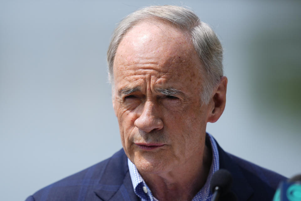 Sen. Tom Carper, D-Del., speaks during a news conference in Wilmington, Del., Monday, May 22, 2023. Carper announced Monday that he will not seek re-election to a fifth term in the U.S. Senate. (AP Photo/Matt Rourke)