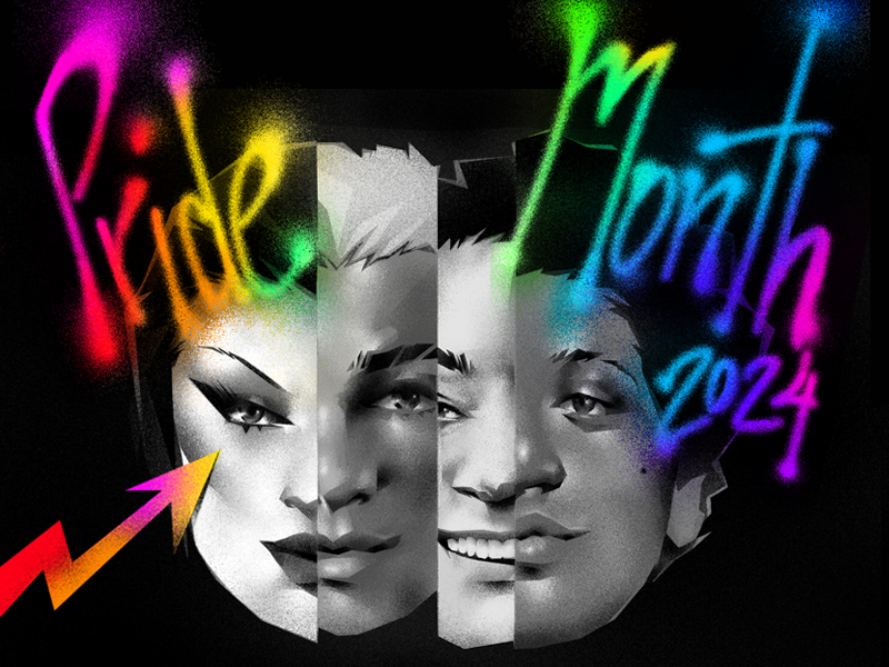 Three split faces surrounded by multicolored text saying "Pride Month 2024" with a rainbow arrow pointing left