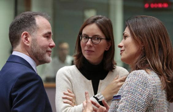 Christopher Pincher, the last UK minister to attend an EU council, talks at the meeting with French Junior Minister for European Affairs Amelie de Montchalin, and Hungarian Minister of State for European Union Relations Judit Varga (EPA)