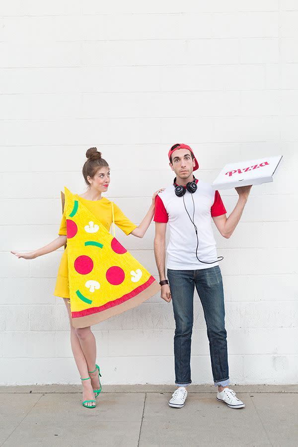 <p>If you two share an affinity for pizza, then you'll love this idea. It's simple enough to pull off with a brightly colored dress, a few large sheets of cardboard, and a baseball tee.</p><p><strong>Get the tutorial at <a href="https://studiodiy.com/2014/10/14/diy-pizza-slice-delivery-boy-couples-costume/" rel="nofollow noopener" target="_blank" data-ylk="slk:Studio DIY!" class="link ">Studio DIY!</a></strong></p>
