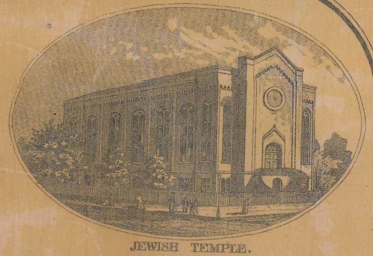 A sketch of the 1866 B'nai Israel temple. The building was located at Sixth and Division (now Court) in Downtown Evansville.