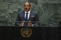 Antigua and Barbuda's Prime Minister Gaston Alphonso Browne addresses the 74th session of the United Nations General Assembly at the U.N. headquarters Friday, Sept. 27, 2019. (AP Photo/Kevin Hagen)