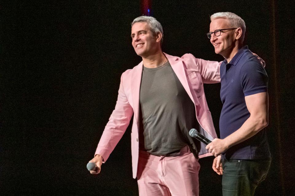 Andy Cohen, left, and Anderson Cooper participate in 