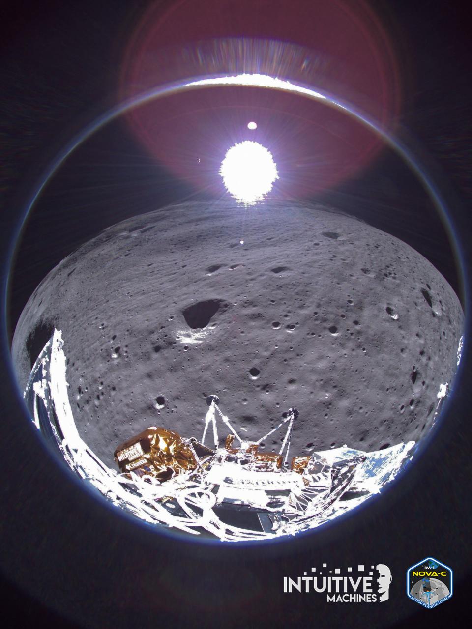 Intuitive Machines' Odysseus lunar lander's sends out its farewell transmission, which was Feb. 22 and received Thursday, a week later, before its power was depleted. The image shows the crescent Earth in the background viewed from the lunar surface.