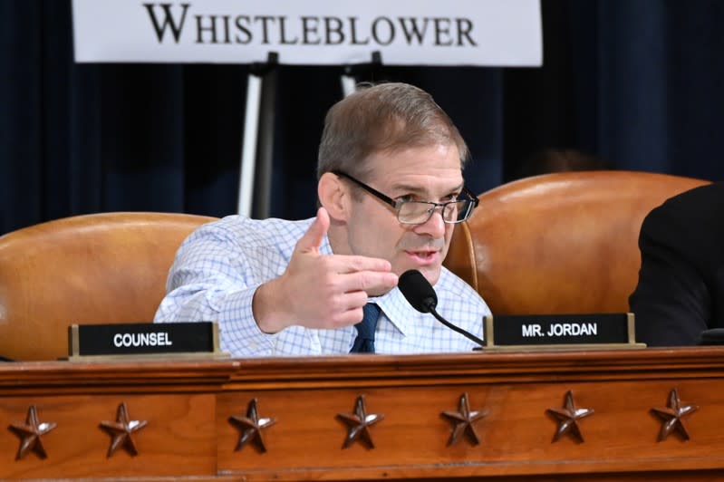 Rep Jordan speaks during a House Intelligence Committee hearing as part of the impeachment inquiry into U.S. President Donald Trump on Capitol Hill in Washington