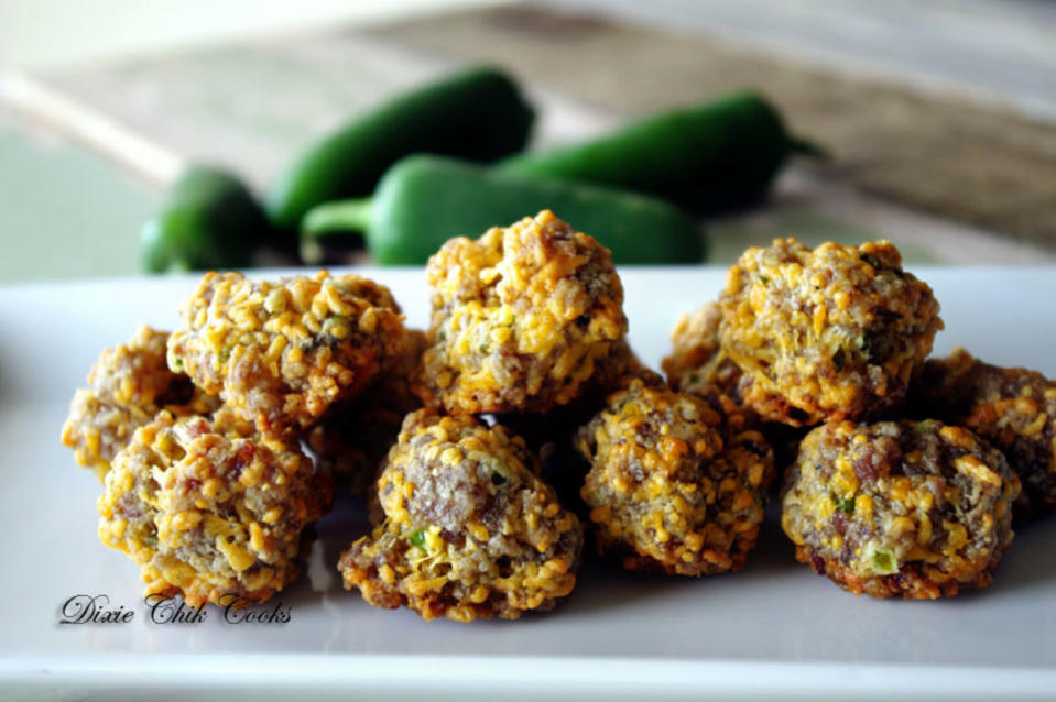 <p>Dixie Chik Cooks</p><p>Just like the traditional sausage balls, with a kick.</p><p><strong>Get the recipe: </strong><strong><a href="http://www.dixiechikcooks.com/jalapeno-cheddar-sausage-balls/" rel="nofollow noopener" target="_blank" data-ylk="slk:Jalapeno Sausage Balls;elm:context_link;itc:0;sec:content-canvas" class="link ">Jalapeno Sausage Balls</a>.</strong></p>