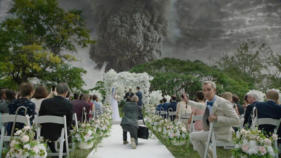 Bill Nye faces a (computer-generated) superstorm in a scene from "The End is Nye."