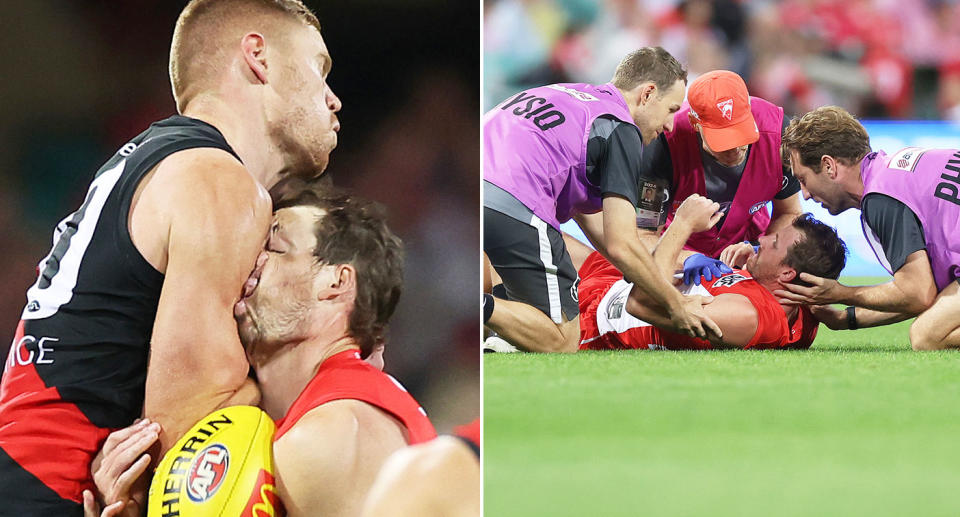 Pictured left is Essendon player Peter Wright's hit on Swans star Harry Cunningham.