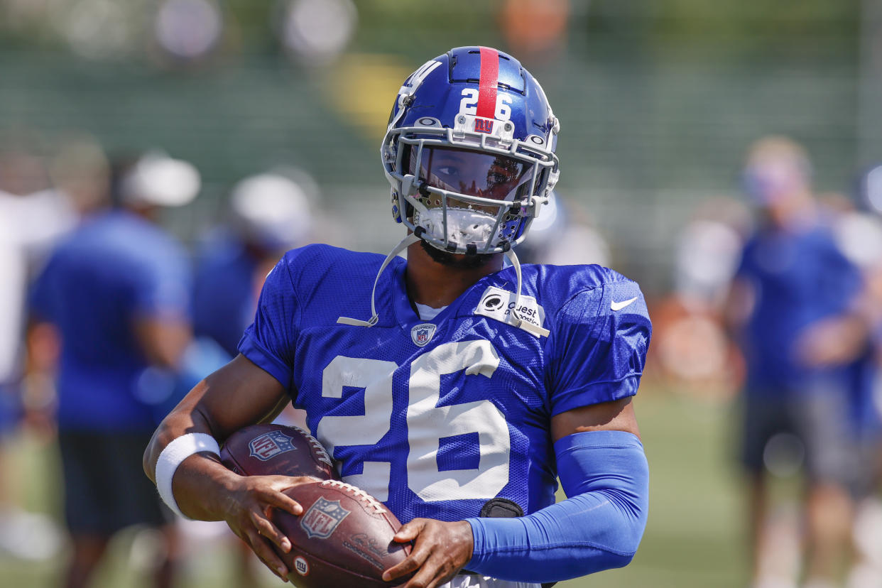 New York Giants running back Saquon Barkley is coming back from a torn ACL. (AP Photo/Ron Schwane)