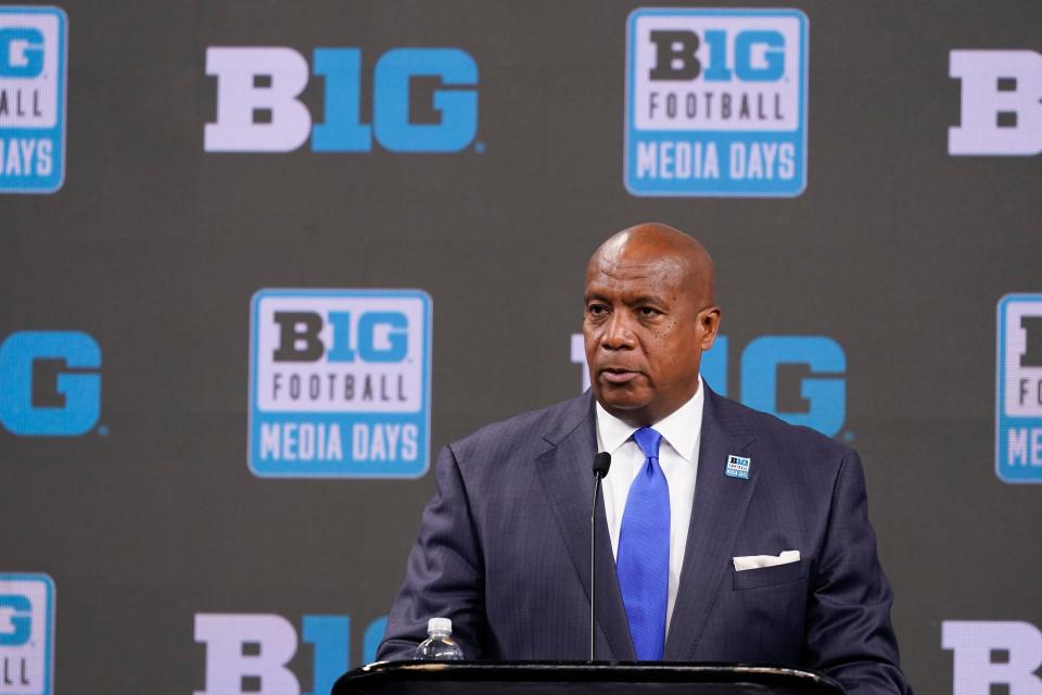 Big Ten commissioner Kevin Warren talks to reporters during the Big Ten media days on Tuesday, July 26, 2022, in Indianapolis.