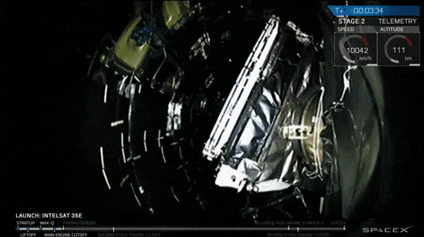 GIF showing the jettison of the protective payload fairing surrounding the Intelsat 35e communications satellite on July 5, 2017. <cite>SpaceX</cite>