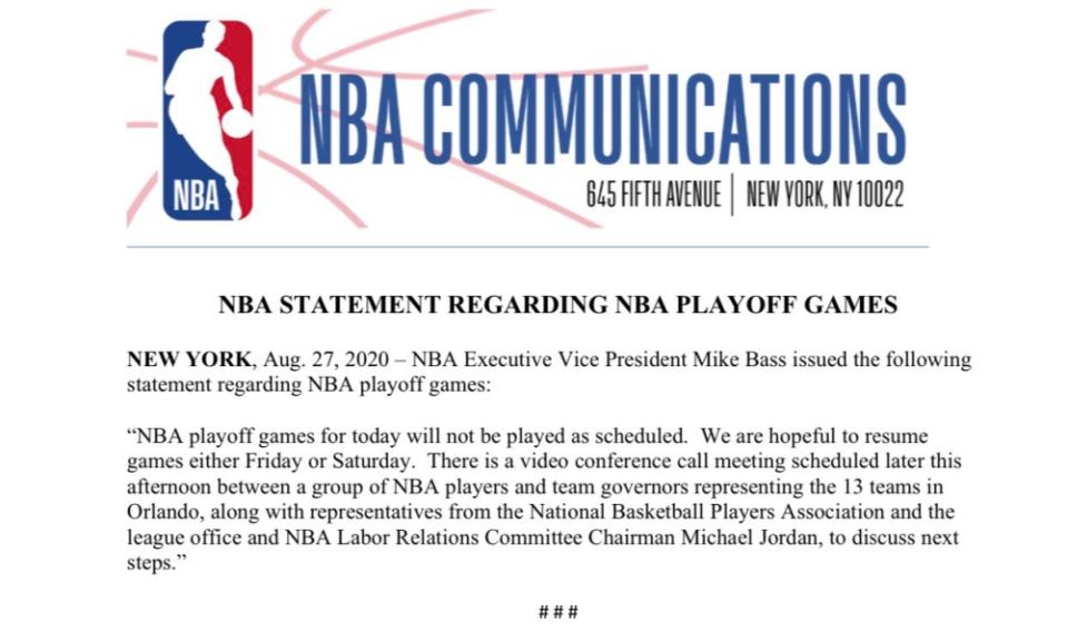 NBA公布周四賽事延期的官方聲明（Photo Credit：NBA Twitter）