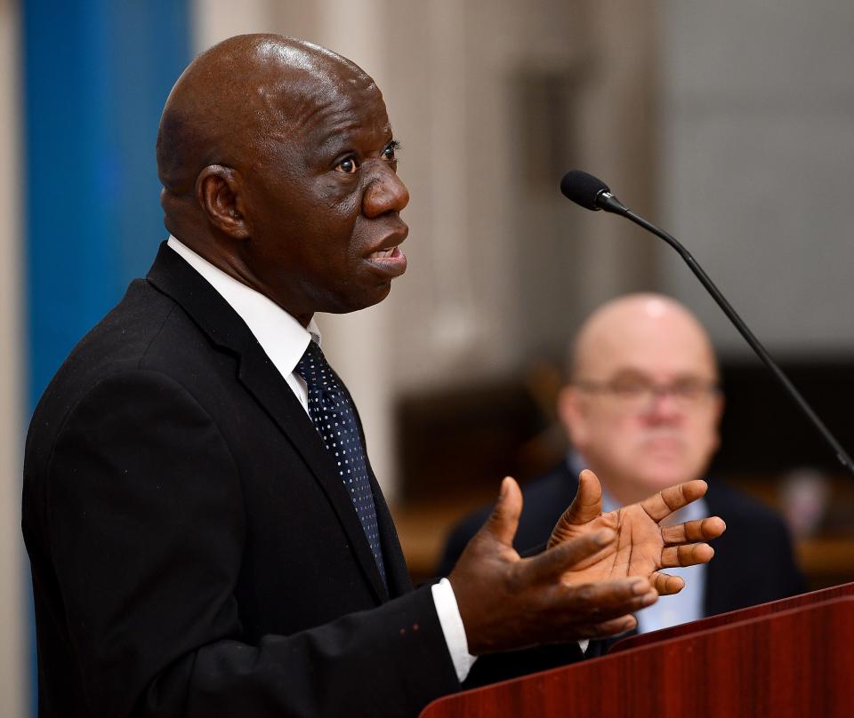 African Community Education Executive Director and Co-Founder Kaska Yawo speaks during Friday's funding announcement in Worcester.