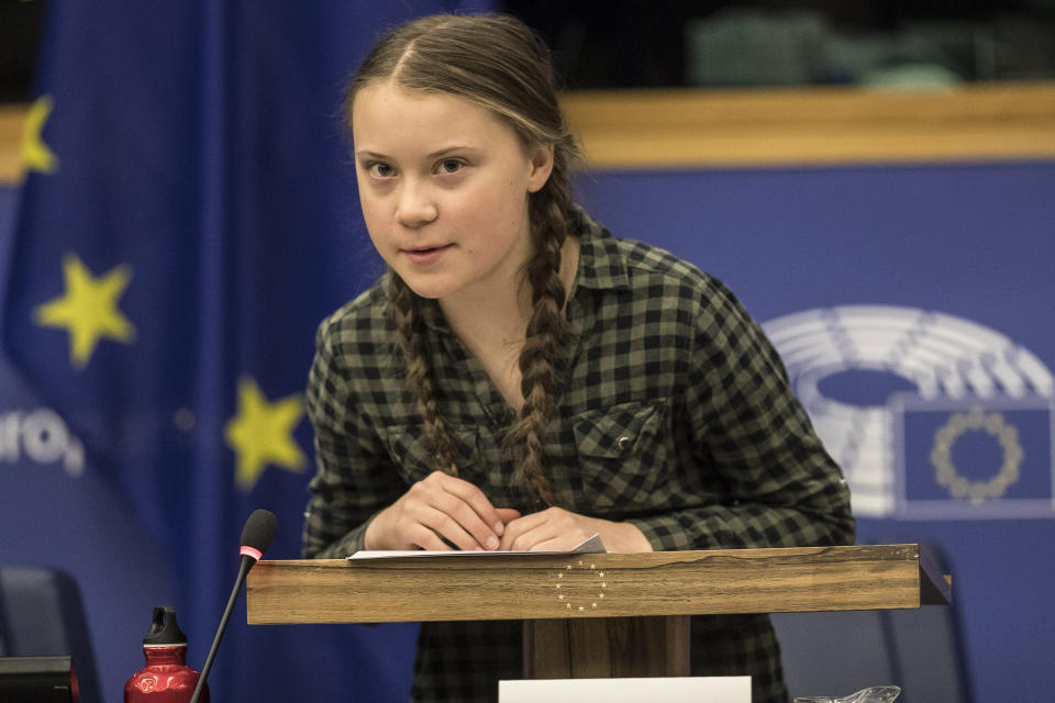 Young Swedish environmental activist Greta Thunberg speaks during a special meeting of the Environment Committee at the European Parliament in Strasbourg, Eastern France, Tuesday April 16, 2019. (AP Photo/Jean-Francois Badias)