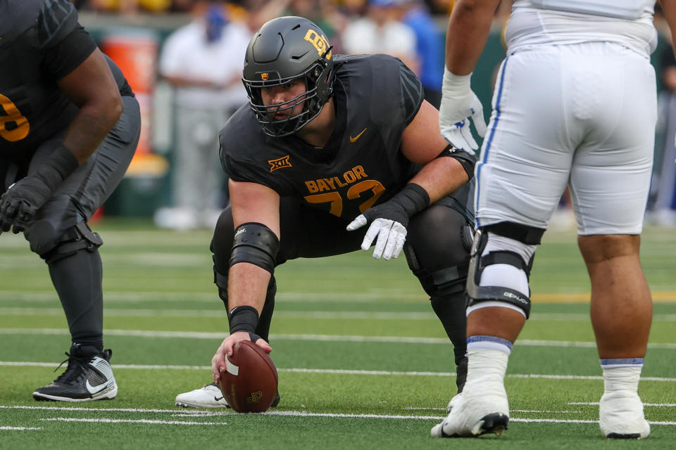 WACO, TX - SEPTEMBER 14: Baylor Bears offensive lineman Coleton Price (72) prepares for play during the college football game between the Baylor Bears and Air Force Falcons on September 14, 2024 at McLane Stadium in Waco, TX. (Photo by David Buono/Icon Sportswire via Getty Images)