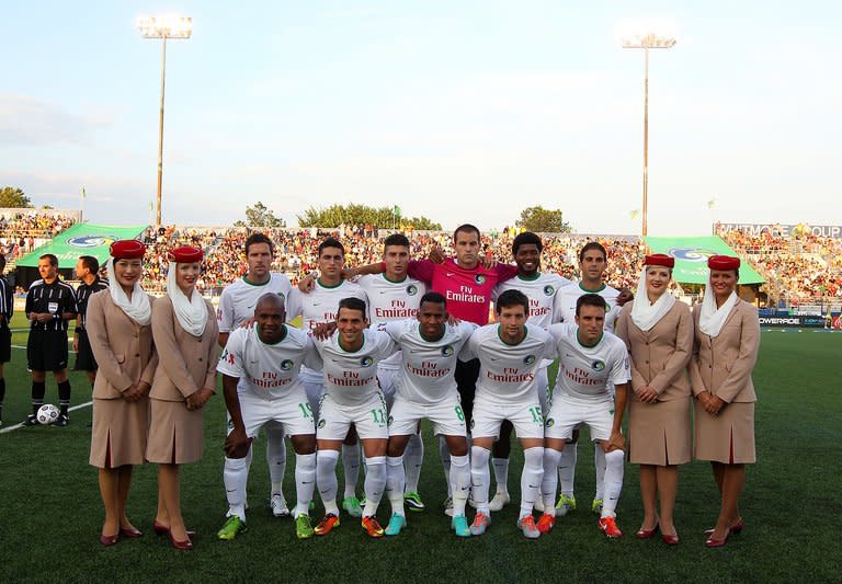 The New York Cosmos team pose for a photo prior to the start of the match against the Fort Lauderdale Strikers, at Hofstra University in Hempstead, New York, on August 3, 2013. Cosmos won 2-1