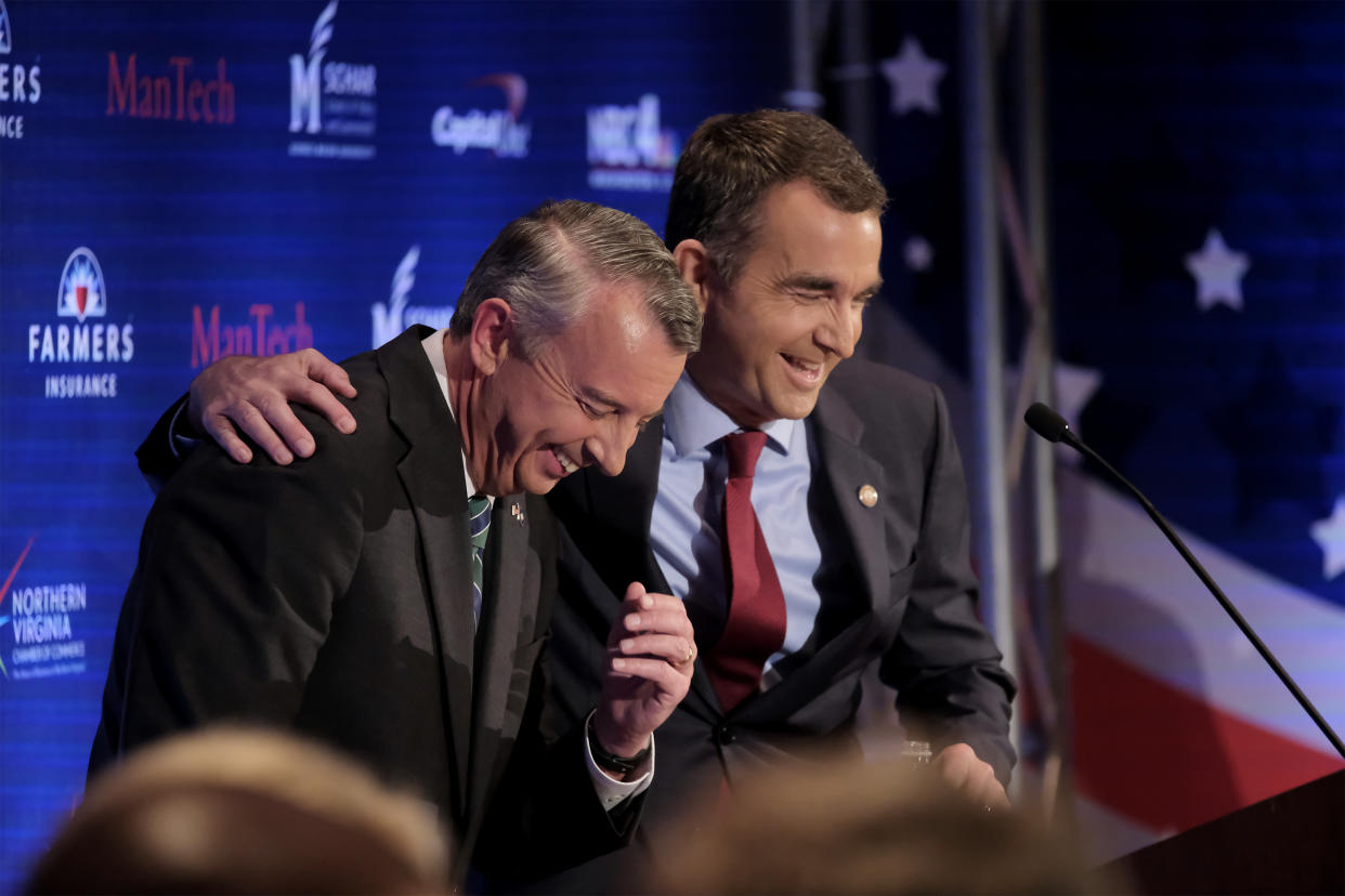 Republican Ed Gillespie and Democrat Ralph Northam share a moment of levity before their second gubernatorial debate. (Photo: Washington Post)