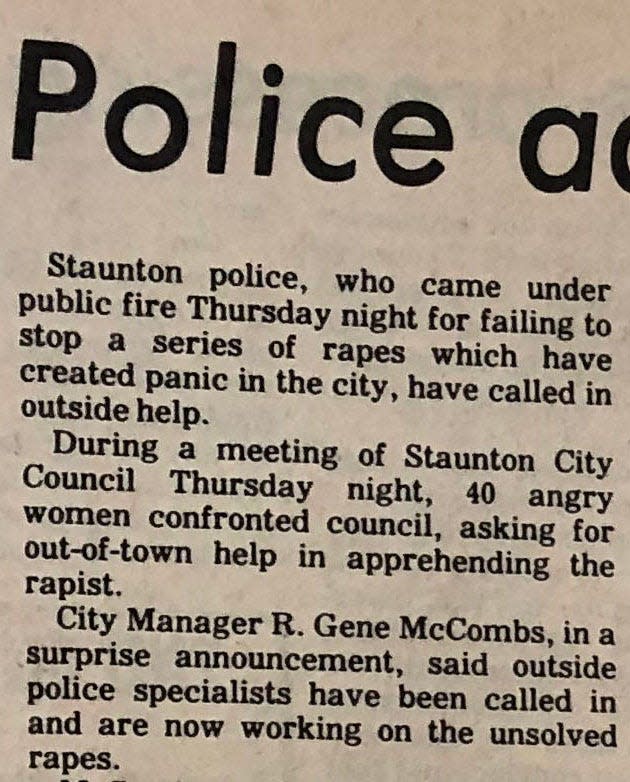 The story without a byline from The Staunton Leader's afternoon edition of Friday, Oct.12, 1979 refers to a group of women who petitioned city council for outside help catching the stocking mask rapist as "40 angry women."