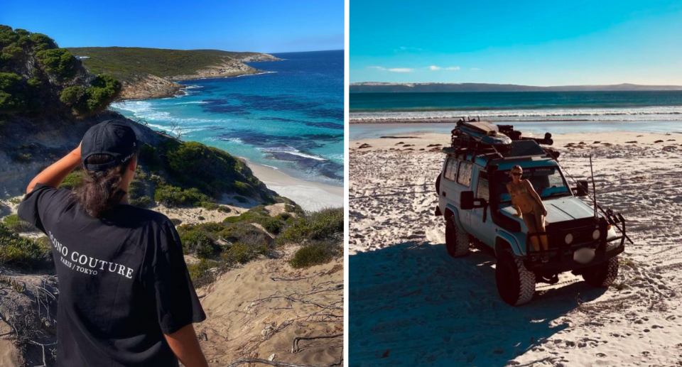 Someone looking out at the ocean next to photo of woman on car on the beach